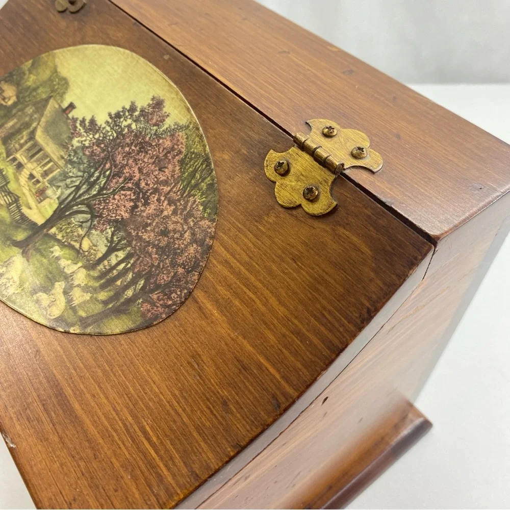 Vintage solid wood brass hinge counter storage keepsake box Currier & Ives inla